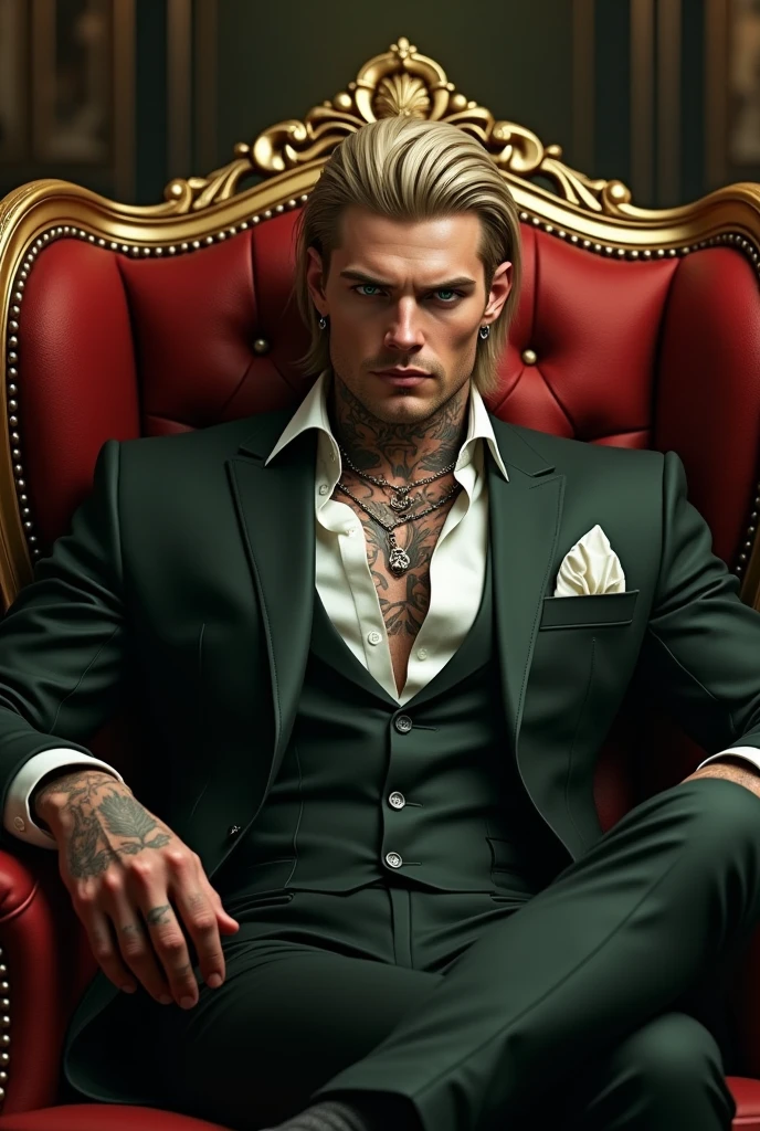 A handsome young mafia man with white skin, tall, blond hair, green eyes, a hot, sexy, toned body with tattoos and piercings, sitting in an armchair