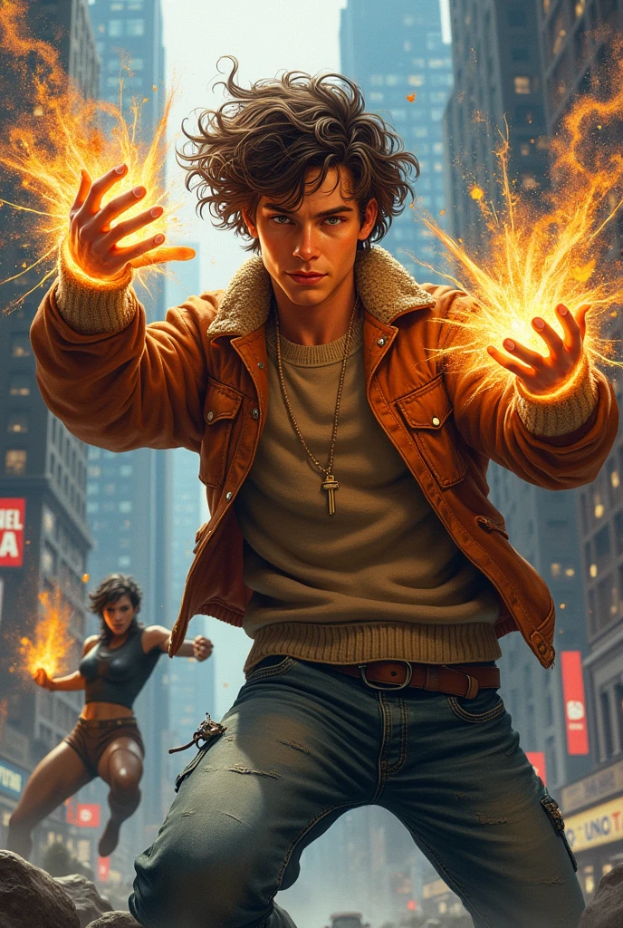 Marvel comic book style character: male character with chaos magic with brown curly hair wearing a sweater and jeans fighting Jean Grey 
