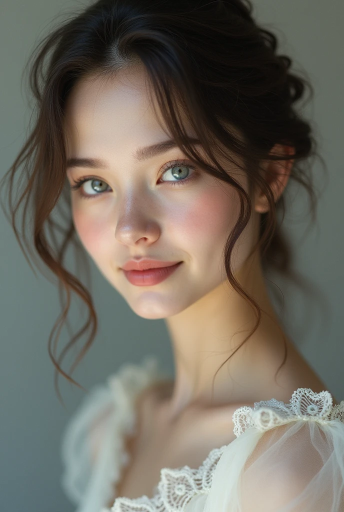 a woman, 2, white skin, brunette curly hair, gray eyes, delicate nose, soft and delicate lips, sweet smile, face with delicate feminine facial features, highly processed
