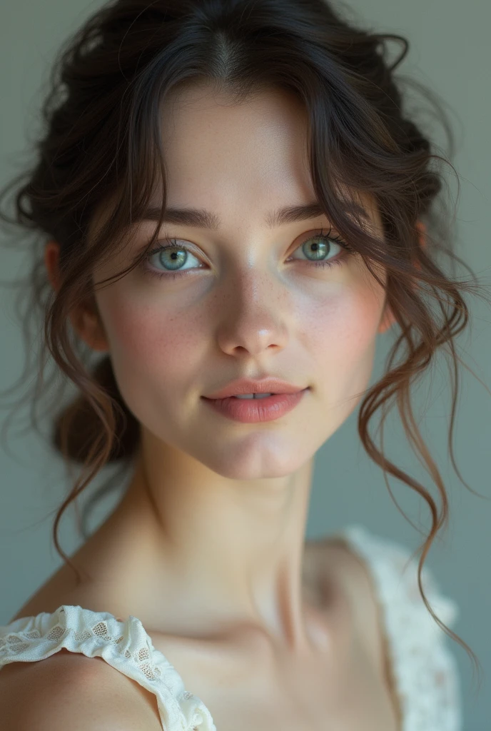 a woman, 2, white skin, brunette curly hair, gray eyes, delicate nose, soft and delicate lips, sweet smile, face with delicate feminine facial features, highly processed