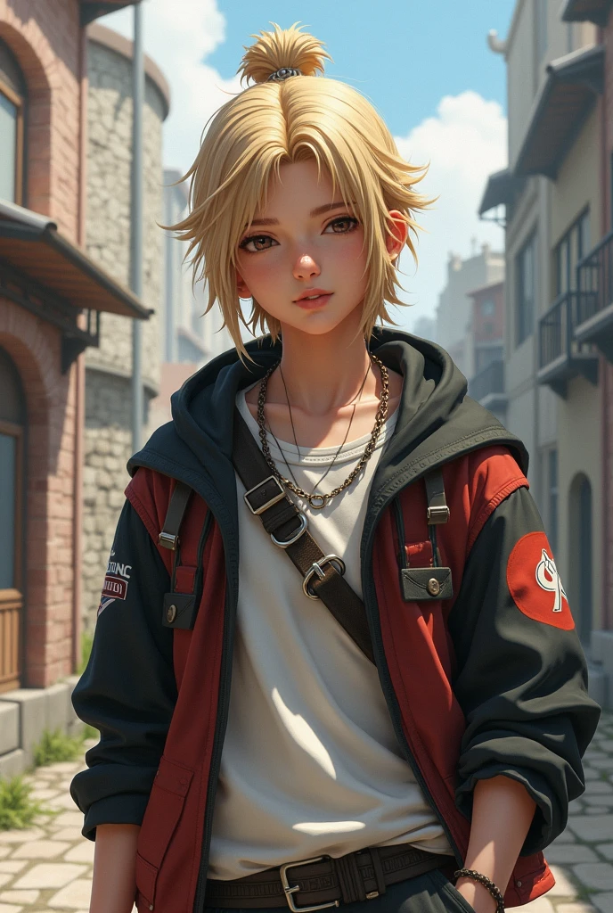 a male character, typical rpg (human without armor, skater clothes) but he is blond and wears his hair in a bun