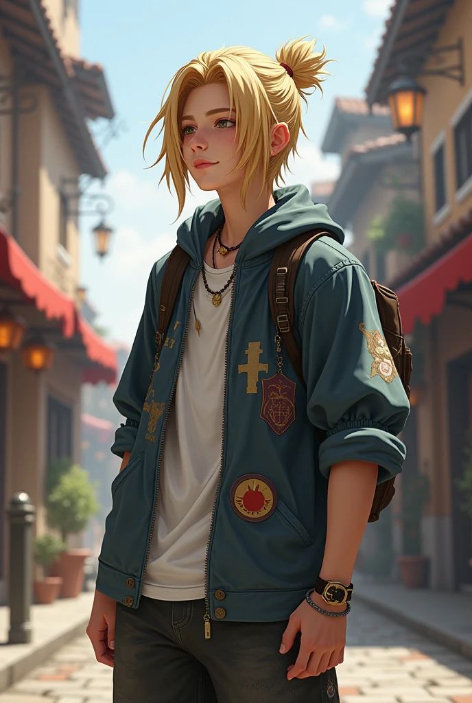 a male character, typical rpg (human without armor, skater clothes) but he is blond and wears his hair in a bun