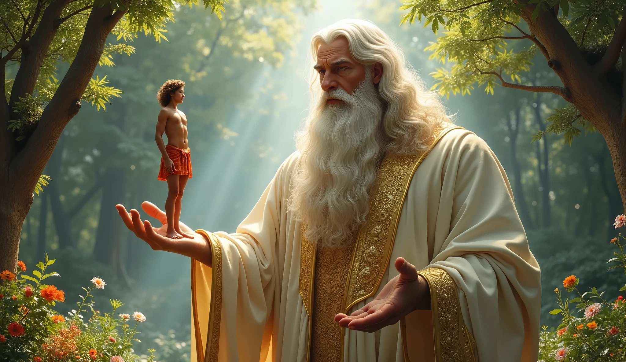 16k, 32k, UHD, masterpiece, best quality, upper body, God, who is super vast and gigantic, wearing white and shimmery gold robe, long white hair, white beard, holding Adam in his hand. God is super Gigantic and Adam is as small as God's little finger. God puts Adam into the beautiful enchanting garden of Eden. Adam is 20 years old, athletic body, light brown wavy hair and human, but he is tiny as God's little finger while in God's hand.