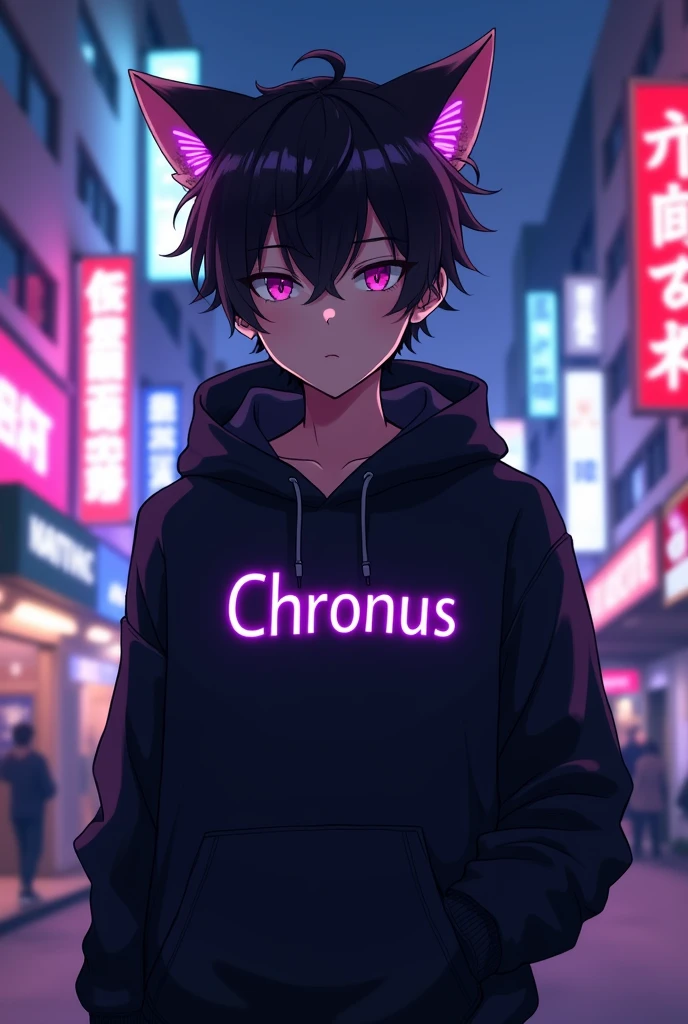 anime boy is wearing black hoodie, with 
cat ears and with a purple text "chronus" on his clothes, in citylights background, 