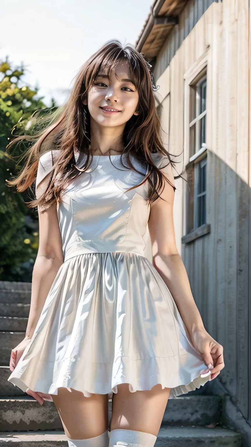(Woman walking down the stairs:1.2、Squint your eyes and laugh)、((Wearing a frilly dress:1.4、(wearing over-the-knee socks:1.5、Absolute area)))、(View from the front、View from directly below)、(Realistic、Like a photograph、Live Action、8k, Realistic, RAW Photos, Best image quality: 1.4), Single-lens reflex camera、RAW Photos, Highest quality, Realistic, Highly detailed CG Unity 8k wallpaper, Written boundary depth, Cinematic Light, Lens flare, Ray Tracing, Realistic background、((ultra high density skin))、(whole body:1.5)、Long Hair 1.2、ponytail、Hair blowing in the wind:1.4)、I like that style、stylish、Very detailed、Pay attention to the details、Perfect outfit、(Sunburned skin)、Accurate hands、Accurate legs、Detailed hands and fingers、Anatomically correct body、Thin legs、Thin thighs、Small breasts、Very detailedな顔