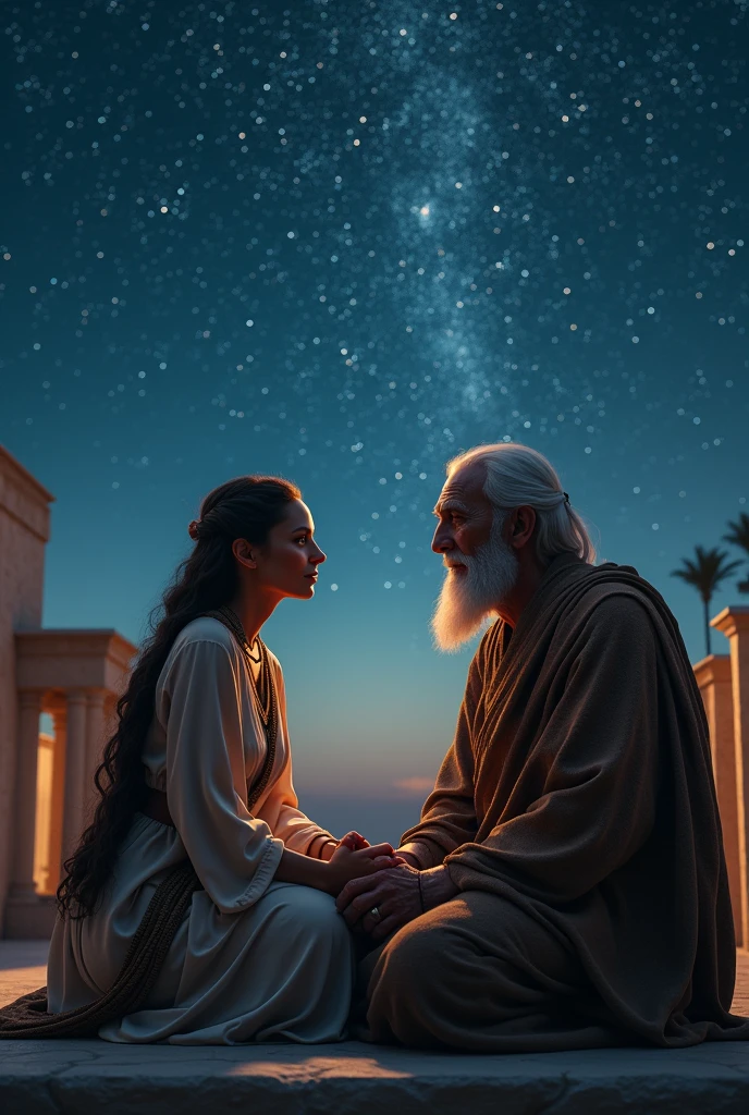 shared wisdom: Create an image that portrays Abram and Sarai, elderly characters from the Bible with rare beauty, 60 years old, in deep conversation under the night sky. Imagine them sitting on a terrace, staring at the stars, as they share stories and insights from their lands, stunning hebrew woman, epic 3d oshun, Linda, Alena Aenami e Artgerm, Linda mulher, Ancient Queen Libu, Ethiopian Queen, uma Linda imperatriz de fantasia, with brown-skinned Hebrew man, RPG book portrait, a portrait of the character, casimir art, detailed portrait of the character, character painting, beautiful character painting, Handsome Androgynous King, male artificer, stunning character art, arte do personagem Charlie Bowater, portrait of a dnd character