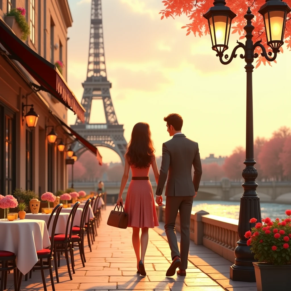 Design a Pixar-style 3D scene set in Paris, featuring a couple enjoying a romantic stroll along the Seine River. The couple, in chic European fashion, is admiring the Eiffel Tower in the background. Include details like a charming café, street musicians, and picturesque old buildings. The lighting should evoke the warm glow of a sunset, capturing the romance and elegance of Paris.