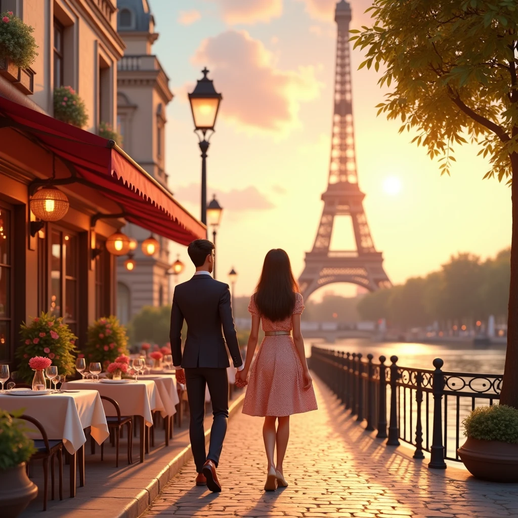 Design a Pixar-style 3D scene set in Paris, featuring a couple enjoying a romantic stroll along the Seine River. The couple, in chic European fashion, is admiring the Eiffel Tower in the background. Include details like a charming café, street musicians, and picturesque old buildings. The lighting should evoke the warm glow of a sunset, capturing the romance and elegance of Paris.