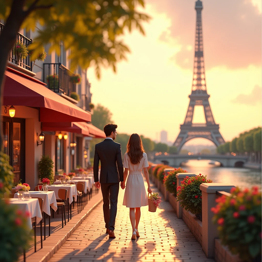 Design a Pixar-style 3D scene set in Paris, featuring a couple enjoying a romantic stroll along the Seine River. The couple, in chic European fashion, is admiring the Eiffel Tower in the background. Include details like a charming café, street musicians, and picturesque old buildings. The lighting should evoke the warm glow of a sunset, capturing the romance and elegance of Paris.