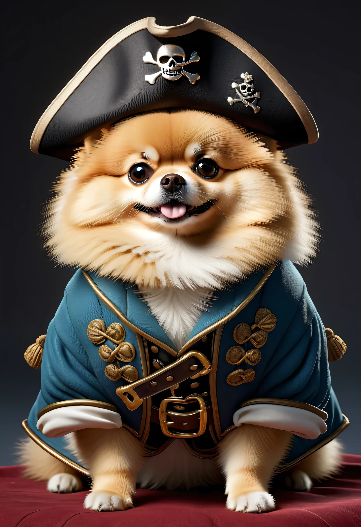 photorealistic portrait of Dressed animals - a ((fat)) (Pomeranian) pirate,(crossed arms:1.5),(furry), high quality,(lovely) ,intricate details, highly detailed ((pirate's jacket )), (wearing pirate's hat , highly detailed pirate equipment) , (happy), studio lighting,(furry),(simple background),(half body image:1.5),score_9, score_8_up, score_7_up, score_6_up, score_5_up, score_4_up,