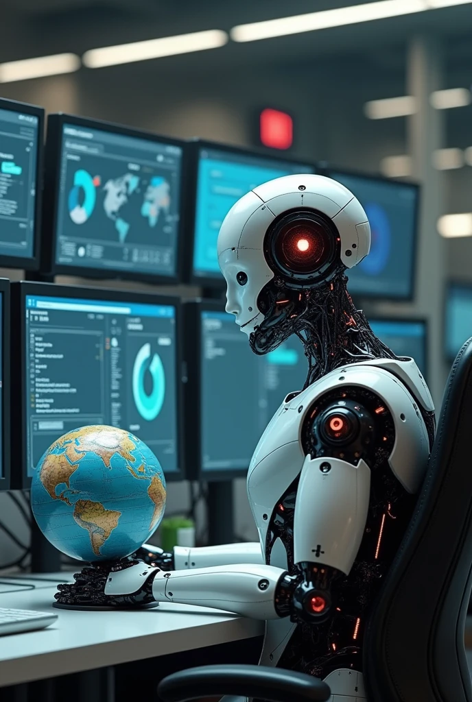 Artificial intelligence robot sitting around real computer monitors looking at a small globe staring