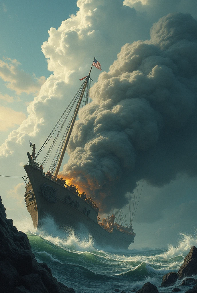 Odysseus is asleep on the ship while two of his men open a large bag, with winds coming out of it and pushing the ship into a storm.
- *Text:* Storyteller: "Odysseus' men opened the bag of winds, thinking it contained gold, and were dragged back into the sea."