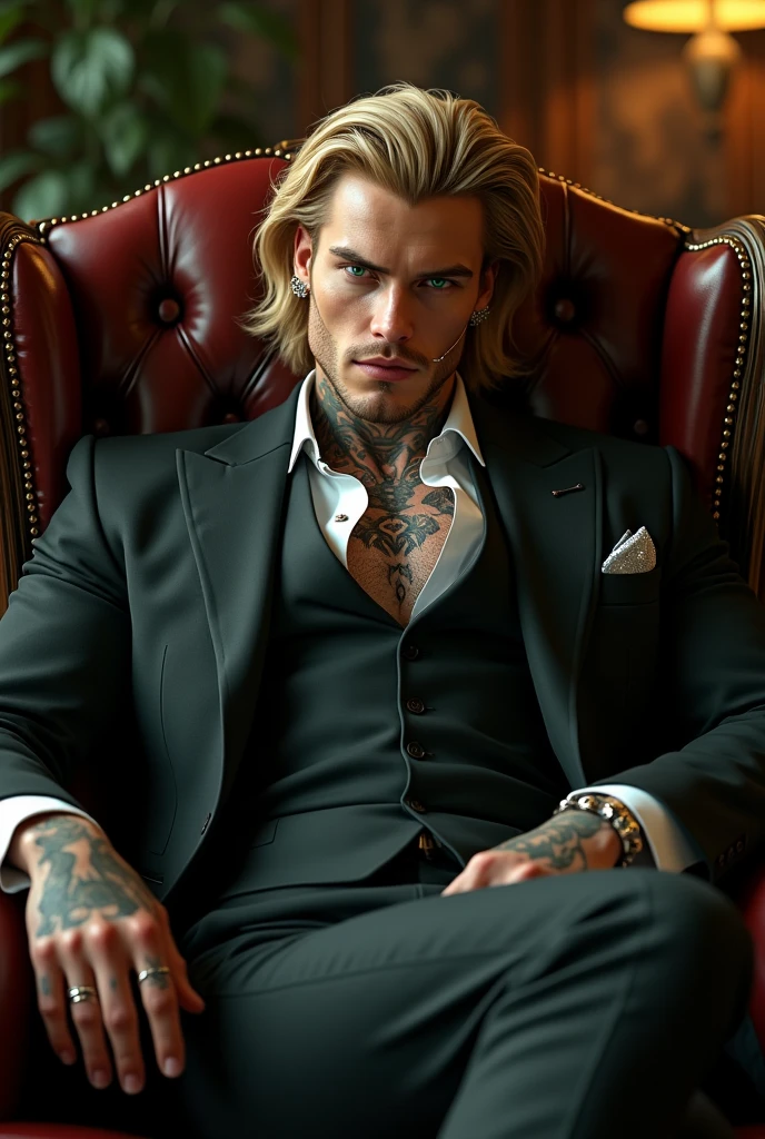 A handsome young mafia man with white skin, tall, blond hair, green eyes, a hot, sexy, toned body with tattoos and piercings, sitting in an armchair 