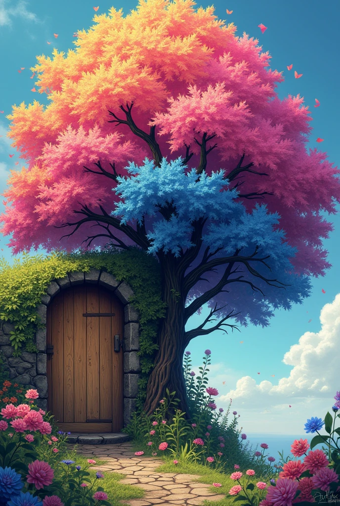 Colorful Tree: A tree with pink, blue, and yellow leaves, next to a door.