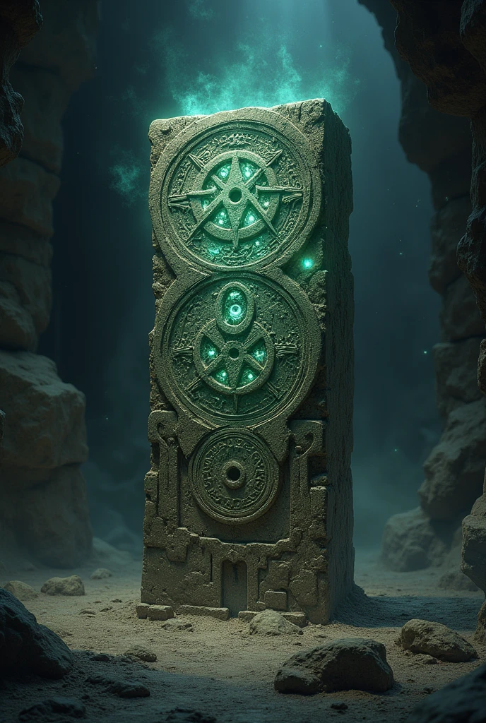 Illustrate an old, weathered artifact that exudes a sense of ancient power, such as a stone tablet or an intricately carved amulet. The relic should have mysterious runes or symbols etched into its surface, glowing faintly with a mystical light. The background could be a dark, forgotten temple or a crypt, with shadows and dust adding to the sense of antiquity and mystery.