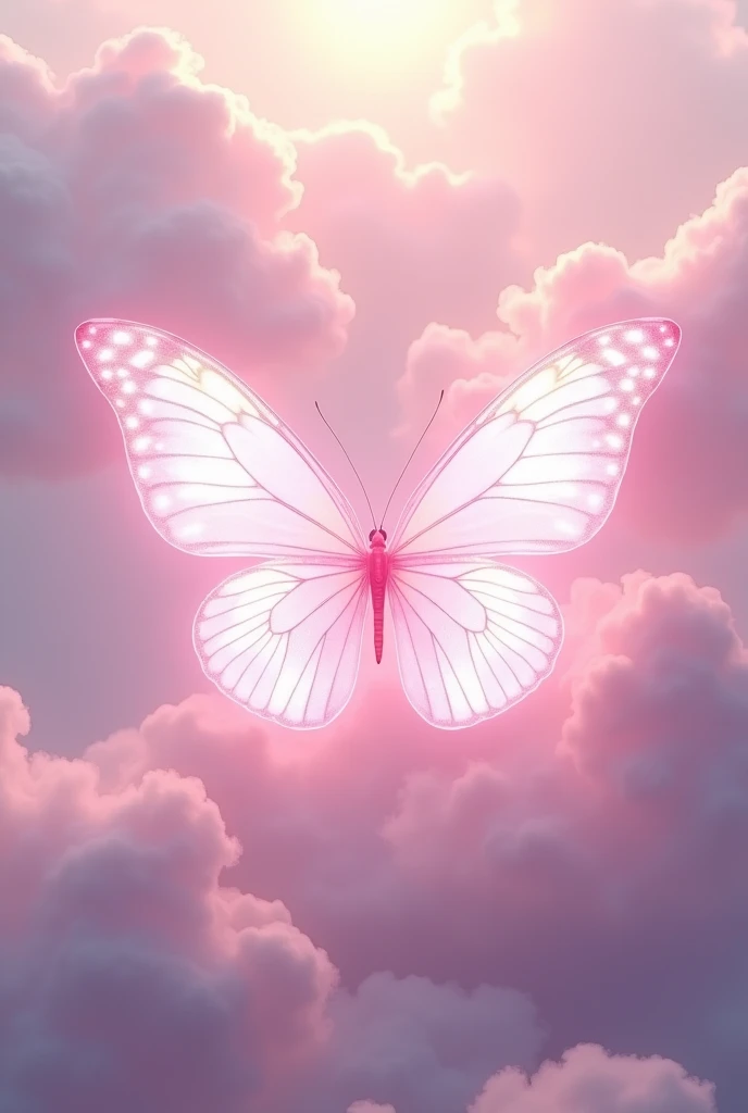 light pale pink sparkly butterfly, shining bright with heaven's light, realism, pale pink cloud background