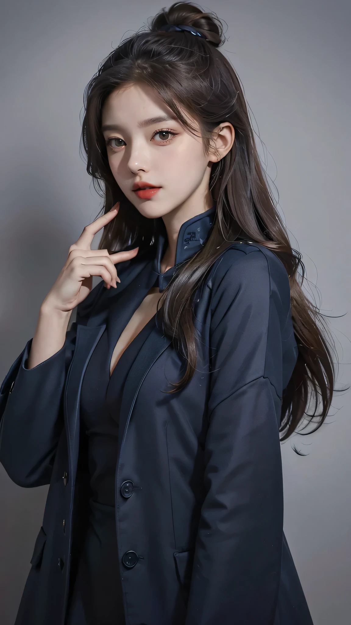 Girl wearing, luxury navy blue coat, shoulder length hair, wavy hair, glowing skin, star in eye, red lips, grey background, cute poses , upper body.
