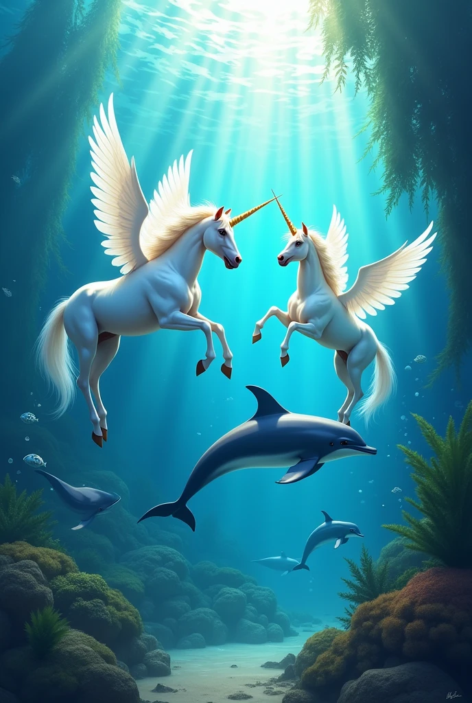 Alicorns flying under the sea with dolphins 