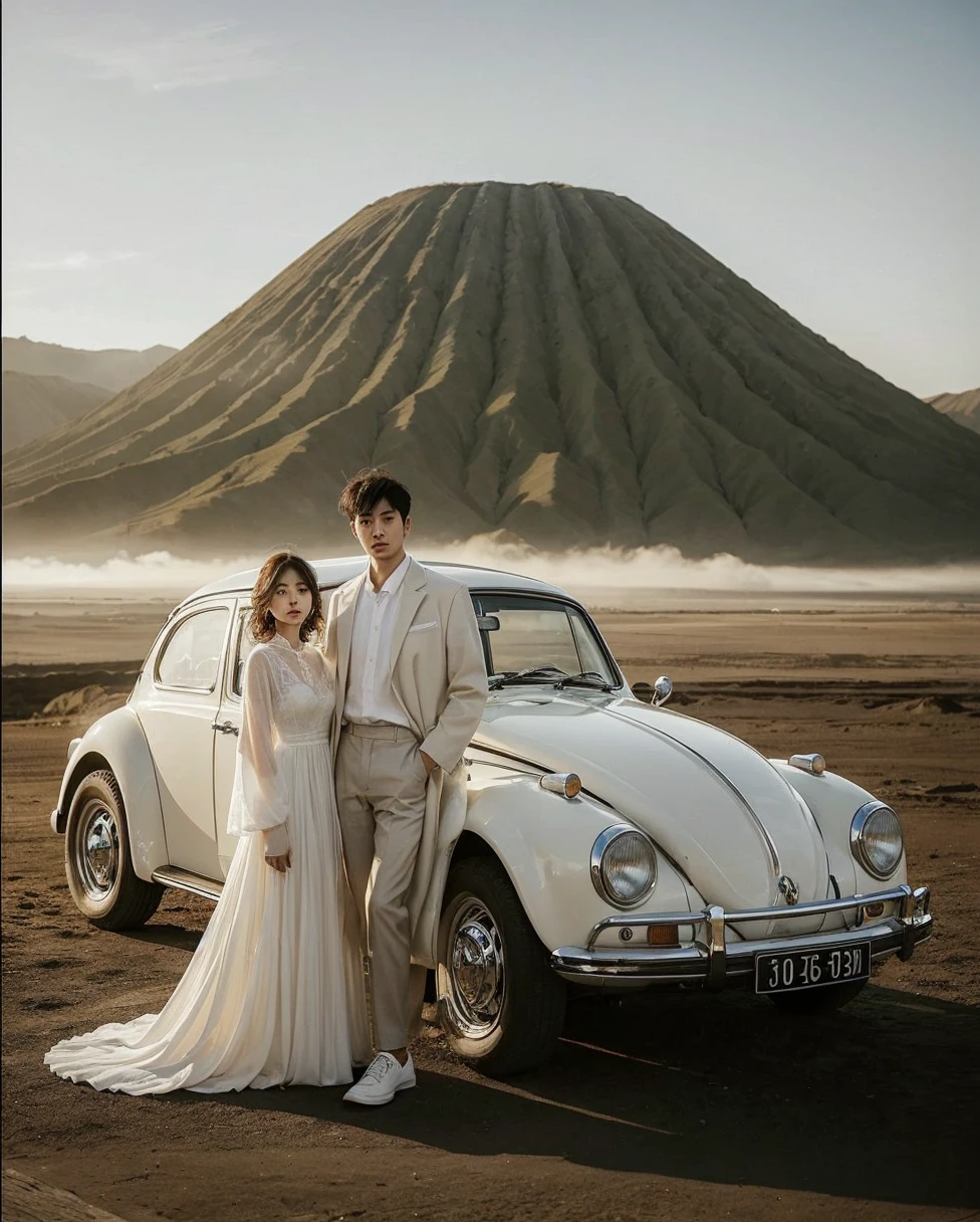 A Korean woman with long hair in a flowing white dress, standing next to her a Korean man with short curly hair wearing a white coat, standing next to a classic cream colored Volkswagen car parked in front of the majestic Mount Bromo. posing near a classic Volkswagen car. The Bromo savanna illuminates the landscape, creating a harmonious blend of modern and classic elements.