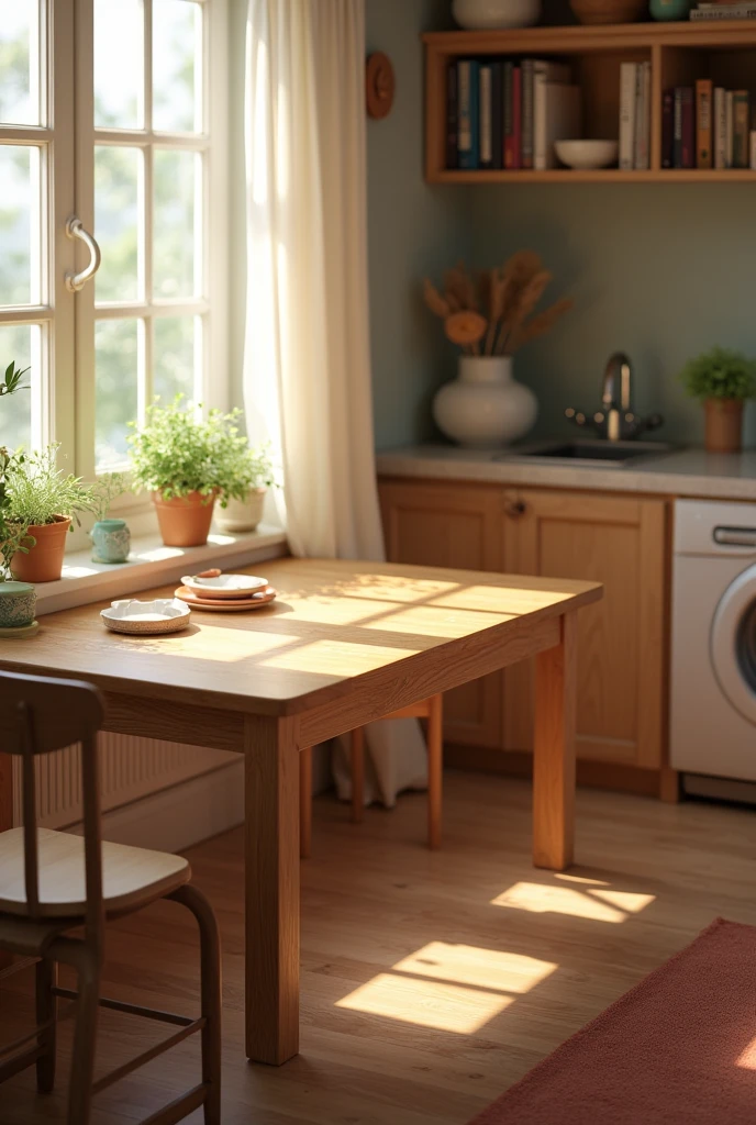 A normal wooden table in a bedroom or kitchen
