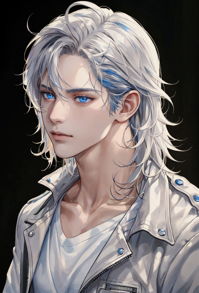 (masterpiece, High resolution, Ultra-detailed:1.0), (1male, male face), Perfect male body, adult male, Delicate eyes and delicate face, Extremely detailed CG, complicated details, detailed face, (by white, blue eyes, messy hair, calm face, White T-shirt, black leather jacket), simple background, color difference, depth of field, dramatic shadow, ray tracing, Best Quality, cinematic lighting, official art, portrait.

