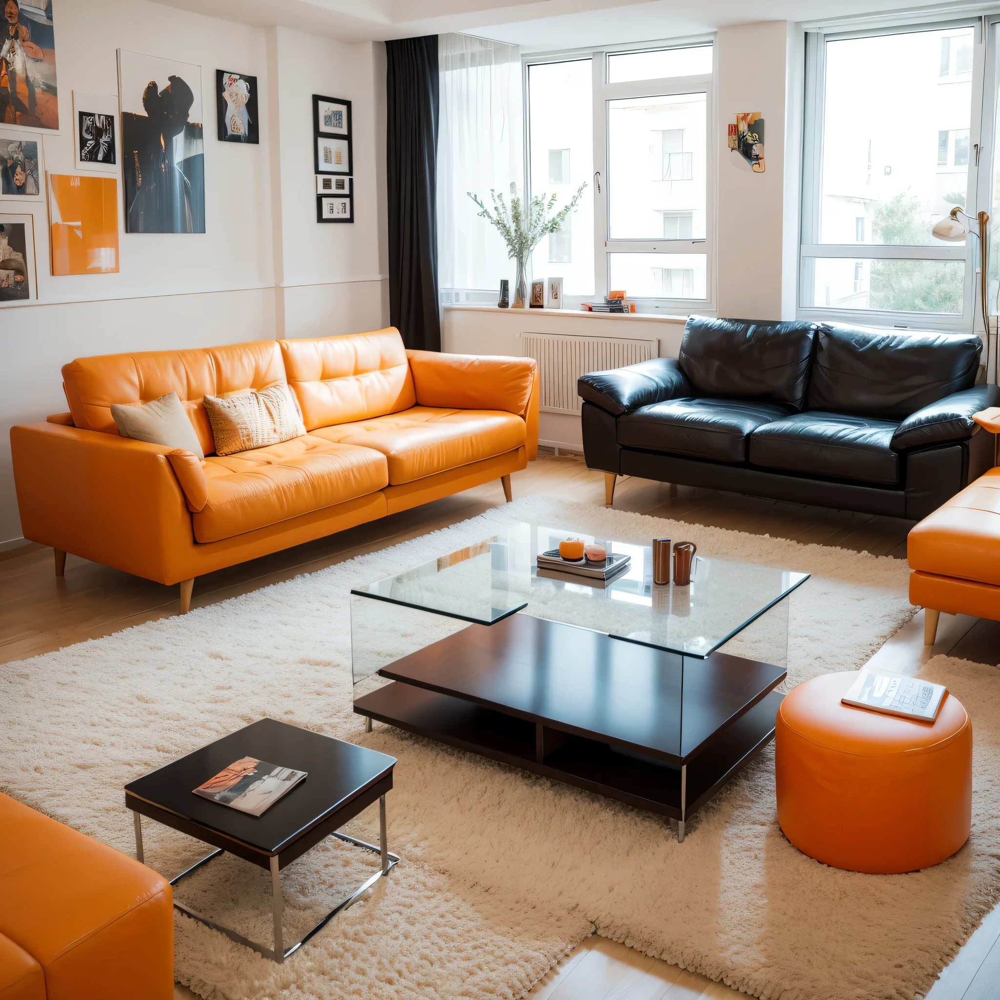 Creative composition of stylish living room interior with orange sofa, coffee table and stylish personal accessories. Art space. Stencil.