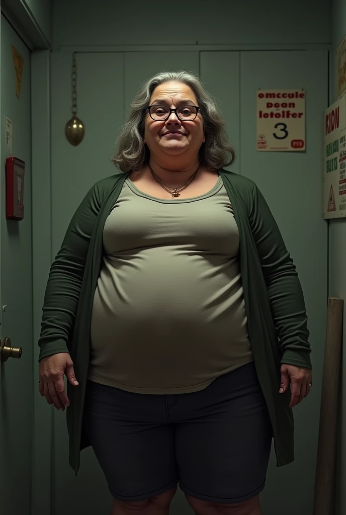 Generate a complete, full-body image of a 6 northeastern woman, with a humble and suffering appearance, completely naked, standing with a smiling and sexually provocative expression, faces with wrinkles and expression lines, triangular face with prominent chin, full eyebrows, voluminous body, thin and saggy breasts, saggy buttocks, Flabby belly, wearing large-framed glasses and small, curved lips, eyes with drooping eyelids, big, long and wavy hair. The scene is a night in a room of a cheap, humble and degrading motel..