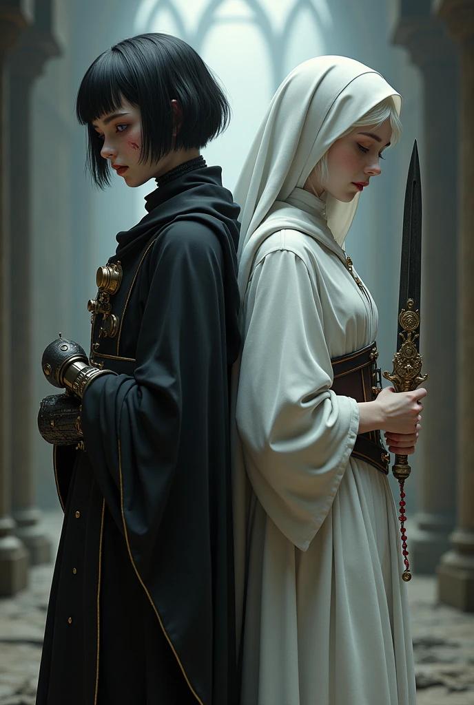 Two pale girls from the middle ages, back to back, the left with violet eyes, short black hair, black alchemist robes with steampunk technology, cut on the face, prosthesis on the left arm, with pentagram and dagger, with a look of suffering, right with white nun clothes, long white hair, eyes closed in sadness with a rosary.