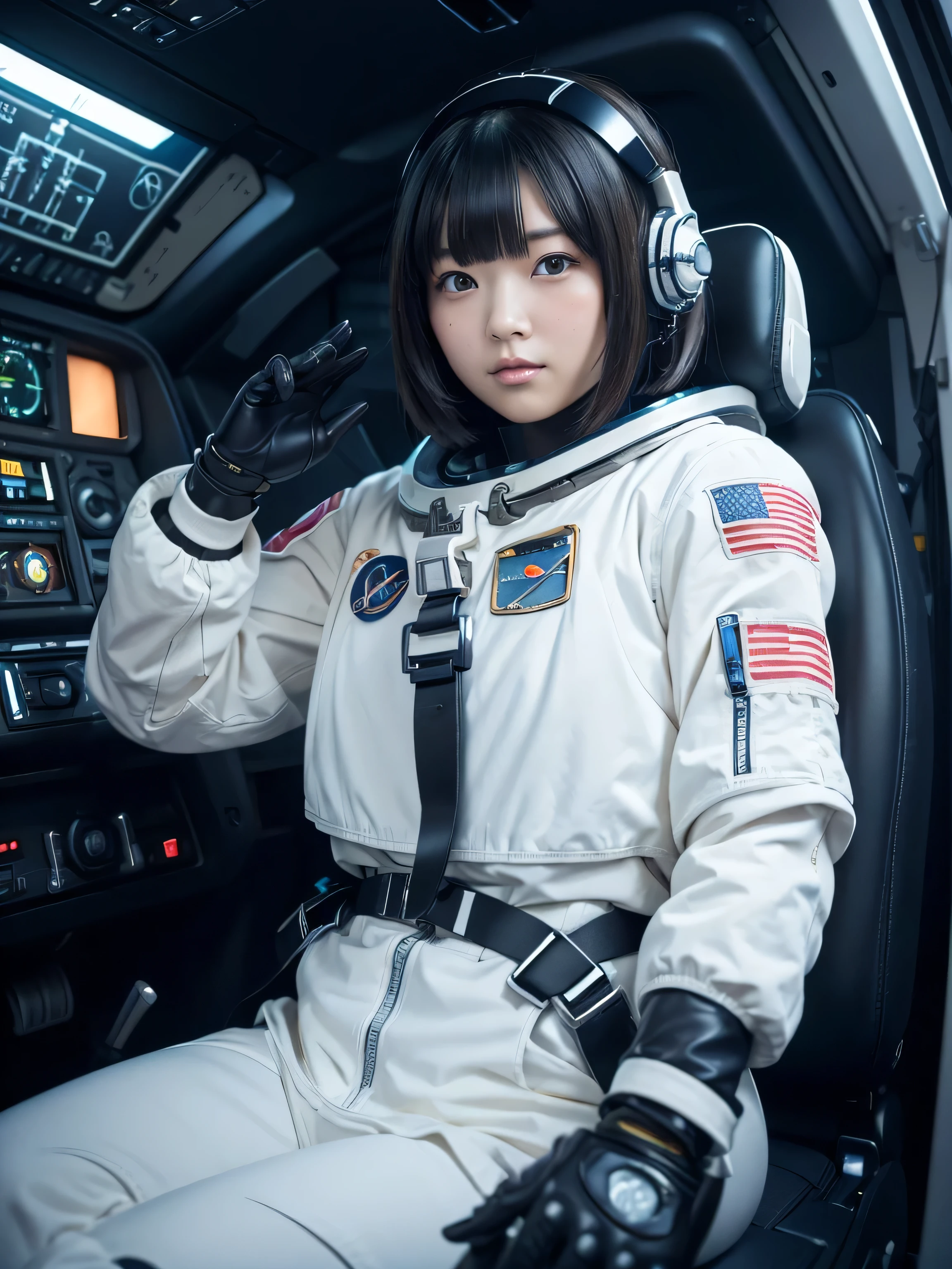 masterpiece, Highest quality, Very detailed, Japanese Android girl, Beautiful 2 Japanese woman, Plump,Control panel,Android,cyborg,Blunt bangs,Sitting in the cockpit of a spaceship and piloting it,The control stick is in the center of the seat.,astronaut,Secured to the seat with a thick harness,Full-face helmet,