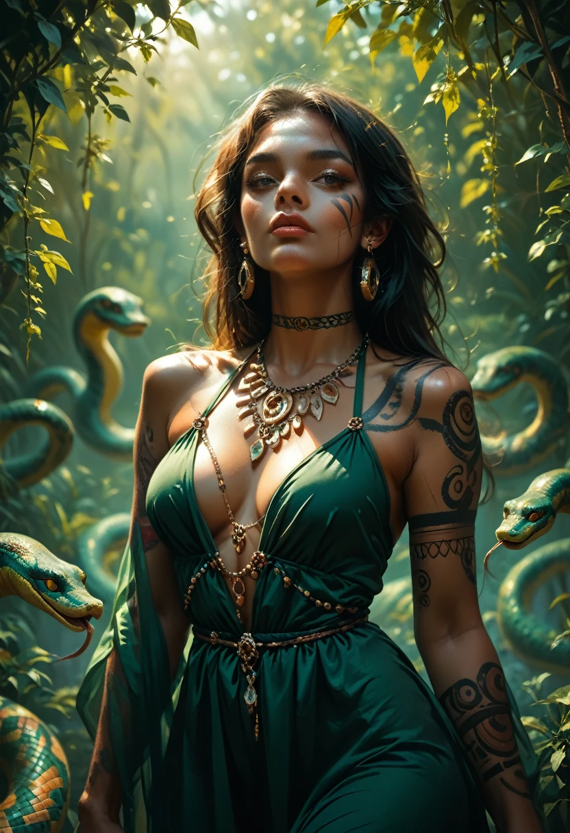 very beautiful woman with features of a beautiful Brazilian indigenous woman, wearing a dark green dress and jewelry that reminds us of snakes, her skin is covered in tribal tattoos that allude to snakes.