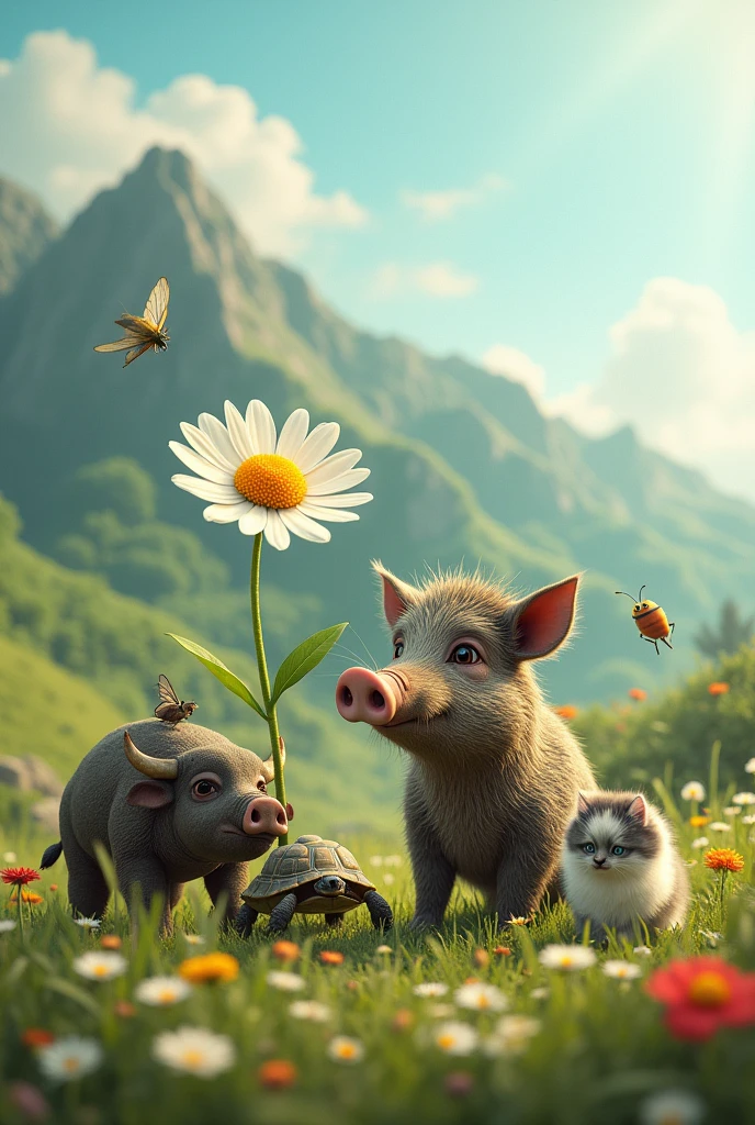 A small boar with a large daisy flower with a cicada, next to a turtle, a buffalo and a gray and white kitten with a furry tail. In the background a green mountain with small flowers and lots of grass