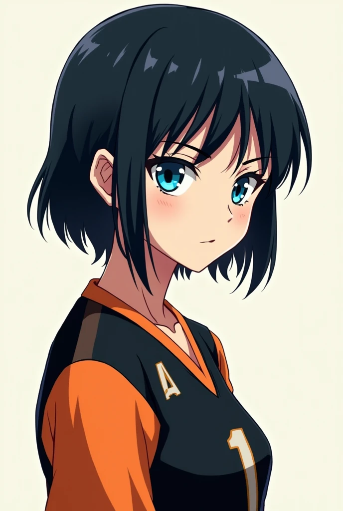 A girl with black hair, blue eyes and white skin in the haikyuu style similar to Tobio Kageyama and wearing the Karasuno uniform (Profile photo looking straight ahead)