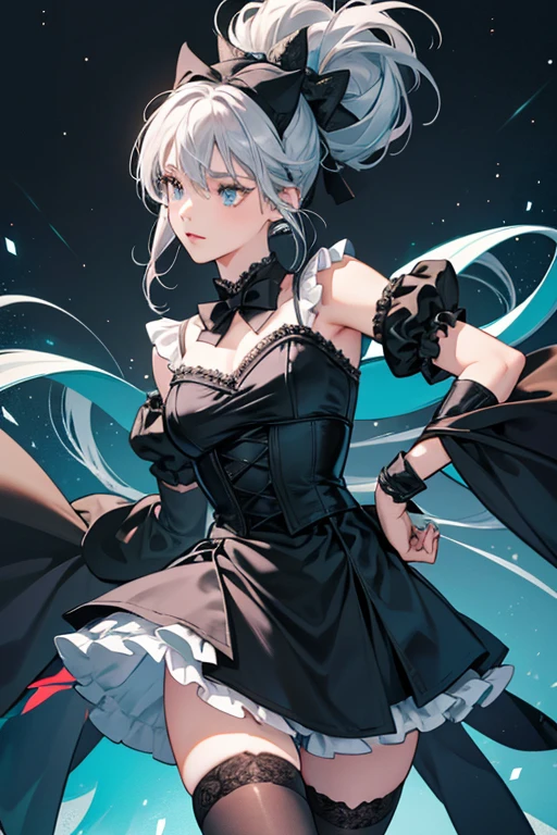 she silver hair. Lynette wears a short dark and black cape over her right shoulder attached to her clothes with a teal bow in front. She wears white cuff sleeves over a black lace leotard attached to a short black ruffled skirt with dark teal at the ends. Lynette also wears black gloves, black translucent tights, and black boots with a singular black-garter at the left side of her left ankle. Her hair tied with a large dark teal-checkered design bow with her Anemo Vision being in the middle of the bow. SPARKLE; GLITTER