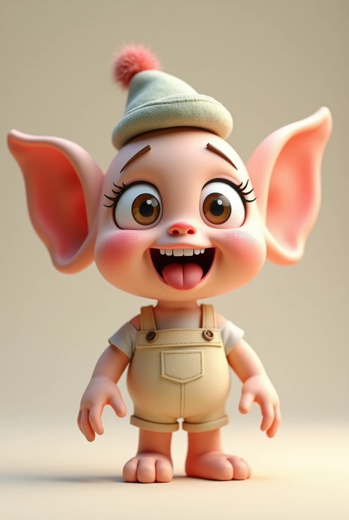 Create a 3D image of a doll with its tongue out smiling, big ears, a cap, and a youthful appearance