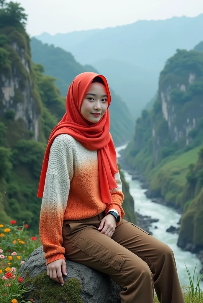 Beautiful Korean girl, smooth white skin, well-groomed face, faint smile, hijab two colors in one (red, orange), knitted shirt in three colors / in one (white, orange-red), brown cargo pants, cool black watch, posing , sitting on a very high mountain peak, with very beautiful detailed views, background from above the river flowing fast from the waterfall... Trees, green and spacious rice fields, cliffs covered with moss and beautiful flowers, original photos, realistic