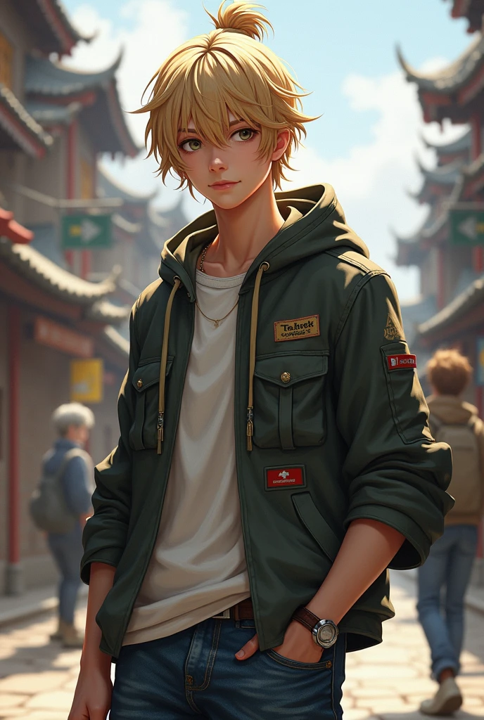a male character, typical rpg (human without armor, skater clothes) but he is blond and wears his hair in a bun
