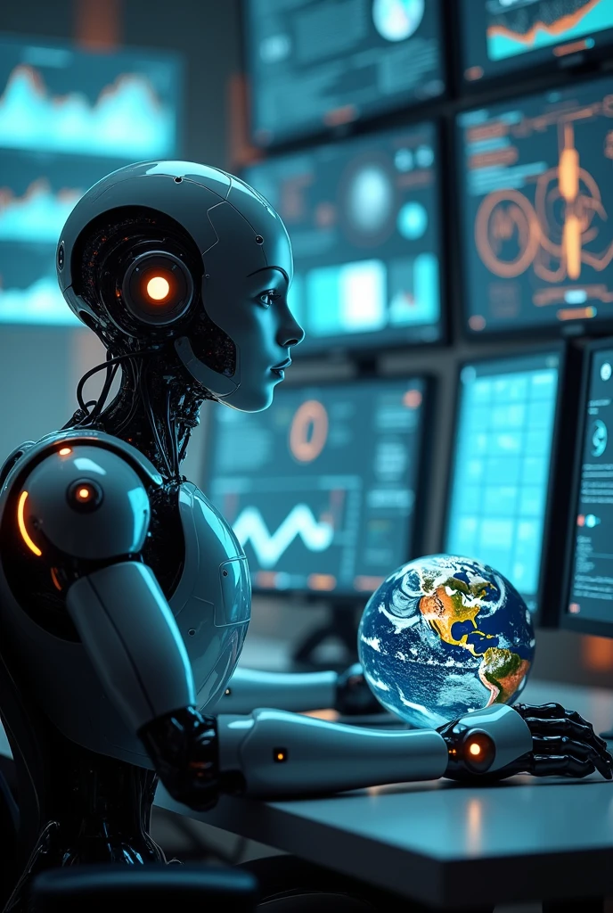 Artificial intelligence robot sitting facing around real computer monitors looking at a small globe staring