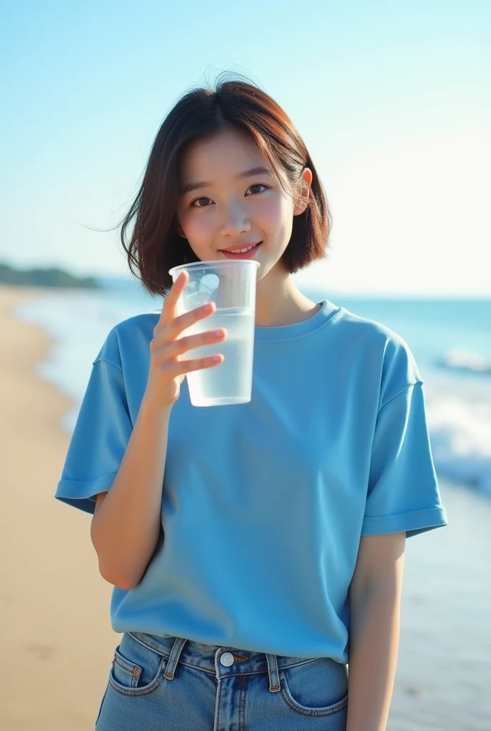 Highly realistic 8k photos, beach background, standing, Holding a clear cup next to your face with one hand, Korean woman, Wearing a blue t-shirt and jeans, standing face to face, Looking at the camera, A photo showing the whole body, short hair, full body photo, Feet coming out, A little smile,