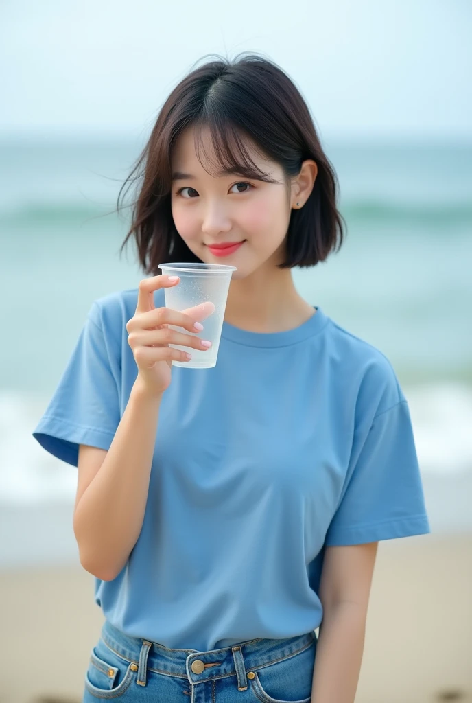 Highly realistic 8k photos, beach background, standing, Holding a clear cup next to your face with one hand, Korean woman, Wearing a blue t-shirt and jeans, standing face to face, Looking at the camera, A photo showing the whole body, short hair, full body photo, Feet coming out, A little smile,