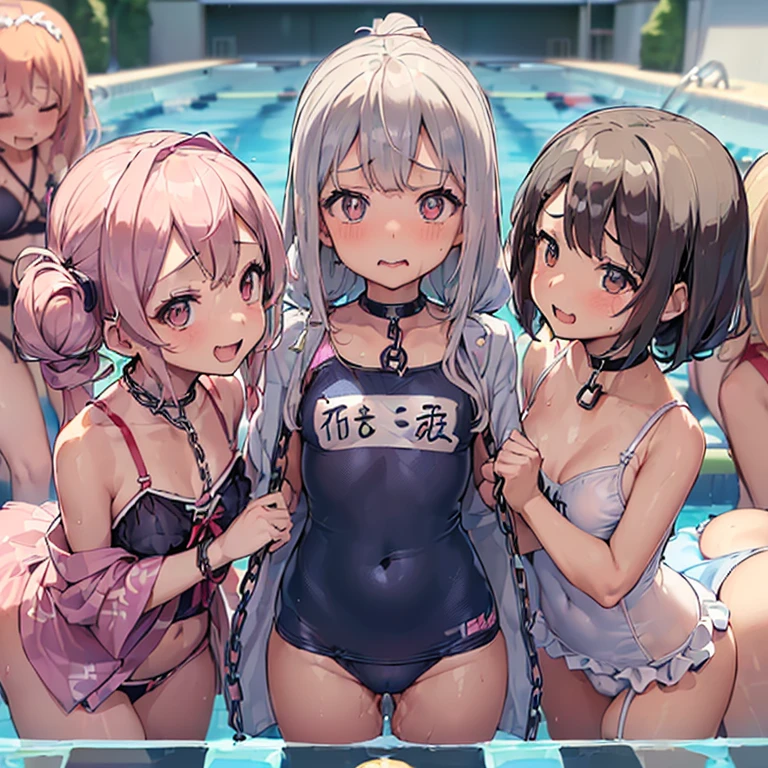 (I'm leaking a little urine),(((For womenレースパンティー,((open crotch pantie)),transparent,Erotic lingerie,Big size,Open crotch underwear))),Highest quality、High resolution、Detailed Background、(Beautiful face in every detail:1.4)、Anatomically correct、(Detailed facial expressions)、(fine grain:1.2)、 beauty、cuteカラーの髪色、Braided Ponytail、Braided bob cut、Braided twin tails、Navy School Swimsuit、(Flat Chest)、Perfect body line、Thick thighs、Please show me your whole body、
(Five beautiful girls in school swimsuits are having fun at the school pool.:1.5)、
Big smile、Laughing with your mouth open、My whole body is wet、My hair is wet too、Fun atmosphere、Embrace each other、cute仕草、cute,,(((ベルトとストラップ付きのFor women下着セット,Metal Chain,Sexy Lingerie,4 Piece Set,Porn Wear,Nightclub Temptation,For women))),(((Wearing a Japanese festival happi coat)))