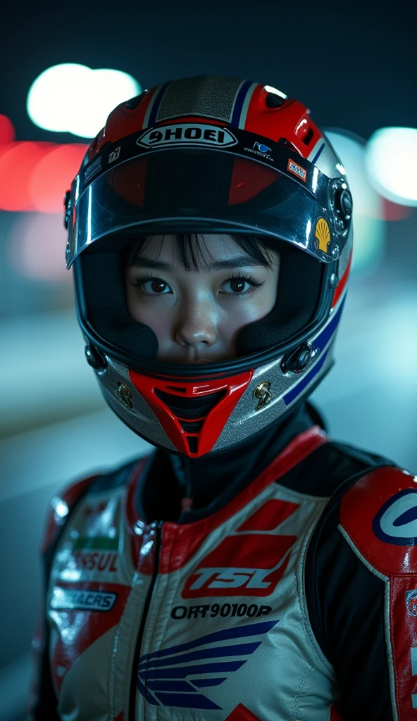 (very beautiful Japanese realistic boyish lady), professional motorcycle racer, about to Ride on a racing motorcycle, at circuit at night, dramatic scene, masterpiece, (cowboy shot:1.3), clear helmet visor, beautiful eyes, Honda CBR1000RR, Shoei helmet, (wearing motorcycle racer's outfits)