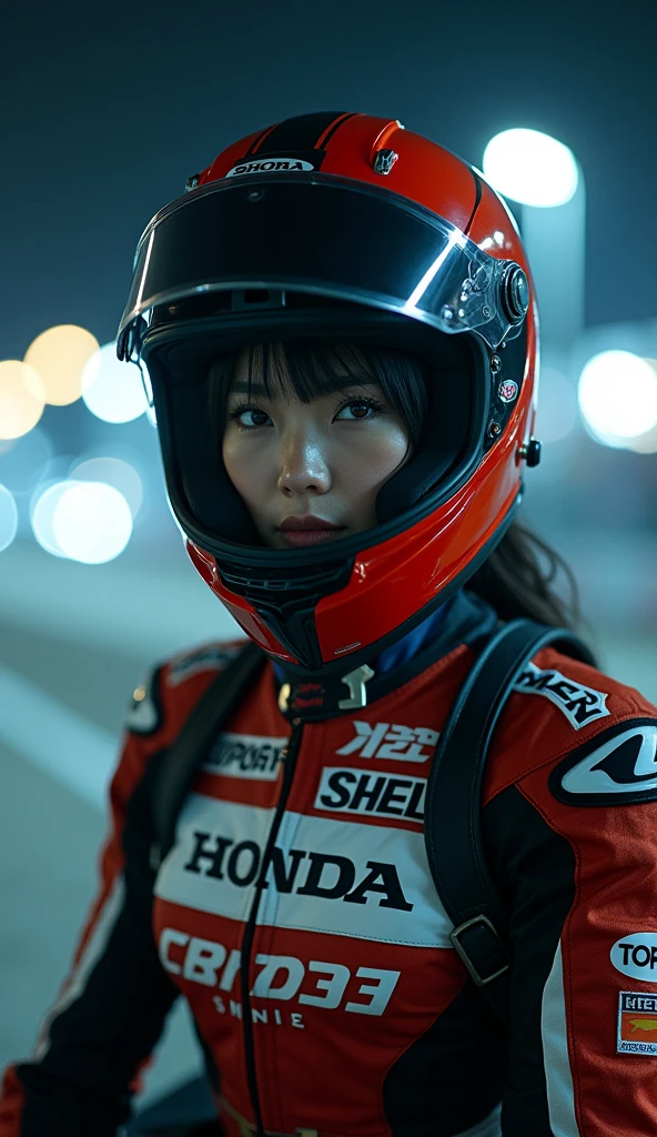 (very beautiful Japanese realistic boyish lady), professional motorcycle racer, about to Ride on a racing motorcycle, at circuit at night, dramatic scene, masterpiece, (cowboy shot:1.3), clear helmet visor, beautiful eyes, Honda CBR1000RR, Shoei helmet, (wearing motorcycle racer's outfits)