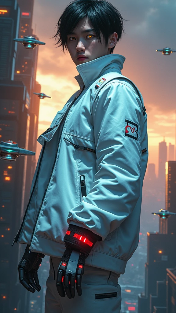 (masterpiece:1.3), (best cinematic quality:1.2), (extremely detailed setting:1), (soft+artistic lighting), (1boy), short blue haired, (eyes+yellow+red:1.4), (multicolored eyes+heterochromia), wearing cyberpunk clothes, futuristic, technological, city scenery with (robots around)0.4], giving dramatic scenery.