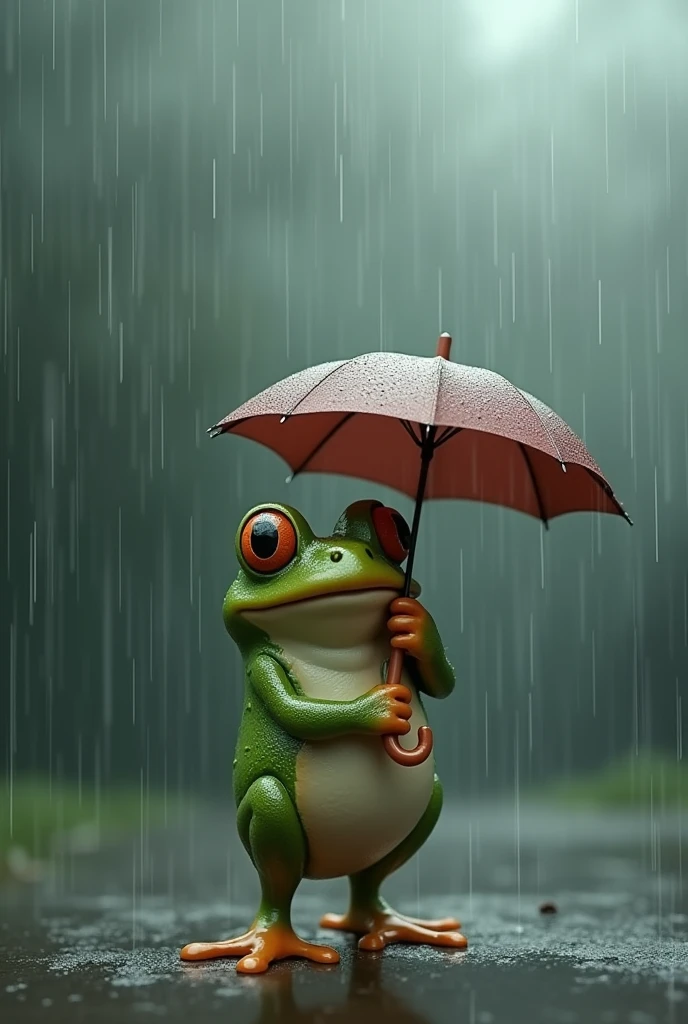 A frog enduring heavy rain with an umbrella