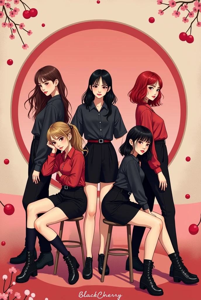 Create an image of a kpop group with five members (backwards), one with dark brown hair, another with light brown hair,another redhead,another one with black hair, and another with black hair tied back. The group is called blackcherry, Its concept is black and red cherries and its representative colors are black and red., The group has a retro concept, soft y girl crush (poster style)