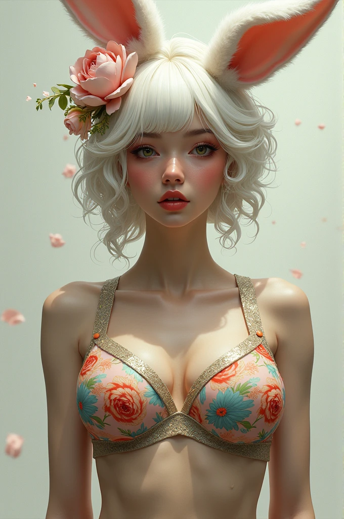 a man with a big boobs wearing a floral bra with bunny tail style in her hair