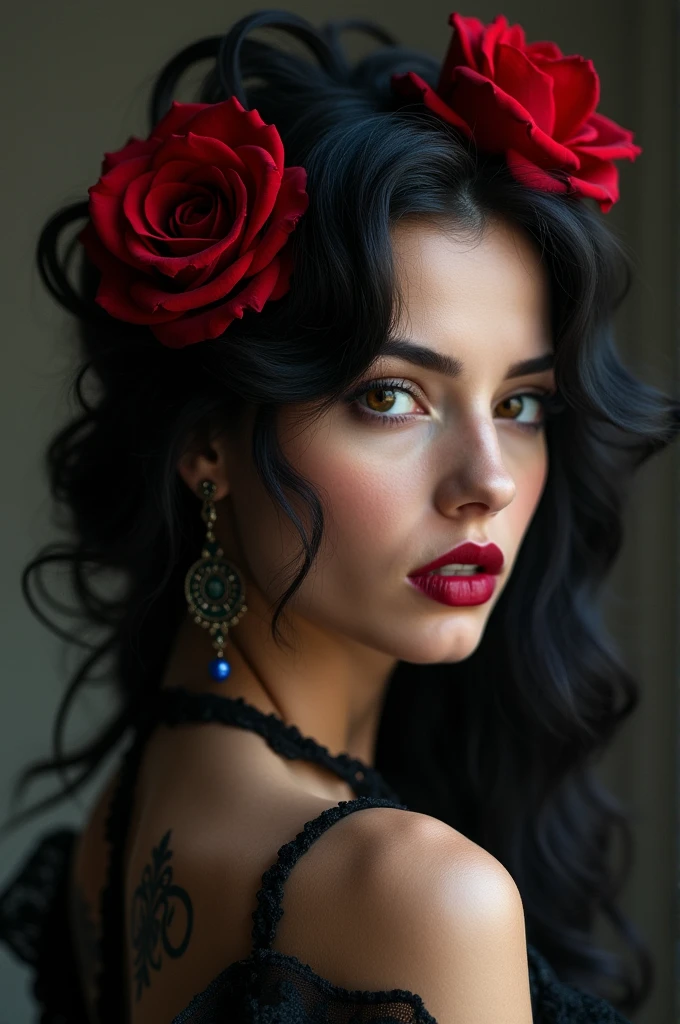 Black gypsy with red rose in her hair 