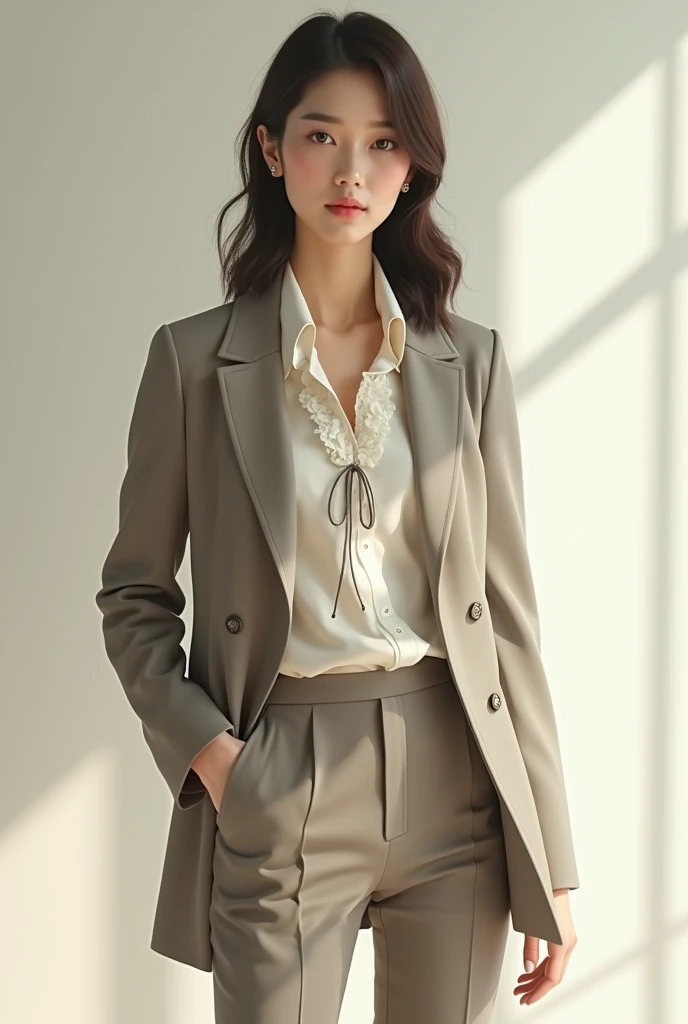 Korean female model wearing blazer, elegant blouse with ruffles, ties, pants and pumps. extremely elegant. light tones.