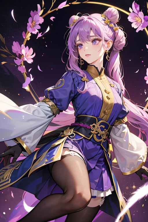 lavander hair. Keqing's hair is tied into waist-length twin-tails, topped by small odango-style buns resembling horns. There is also a small braid running along the side of her bangs.
Keqing wears a pale lavender top with a high violet collar and ruffled dark blue skirt, layered under a deep violet overcoat, engraved with xiangyun and peacock motifs. On her legs, she wears translucent dark tights with gold ornaments: on her left thigh and just below her right knee. The opening of her overcoat is marked by a golden ornament, with white flowers and purple and gold-accented feathers attached. The pattern of the feathers resembles the ones on the dangling backs of her detached long sleeves. In addition, she wears a golden hairpin, a pair of drop earrings, a tasseled choker, and dark gloves with lavender trim.
Glowing Ornaments
While wearing Piercing Thunderbolt, when Keqing's Elemental Burst is ready, the purple gem at the base of the brooch on her front will glow along with her Vision. SPARKLE; GLITTER