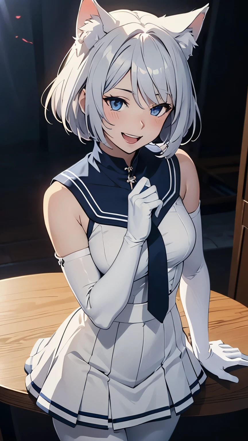 Tabletop High resolution Best image quality 8k Adult female Anime Style White long gloves(Elbow Gloves) White Sailor Suit(Sleeveless) Navy blue mini skirt White Pantyhose White wolf ears short hair((Shortcuts)(Gray Hair)(Perm)(fluffy)) blue eyes Attractive face((Laughter)(smile)(Open your mouth))